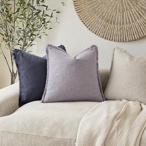 Decorative Linen Fringe Throw Pillow Covers 18×18 Light Purple (2 Count)
