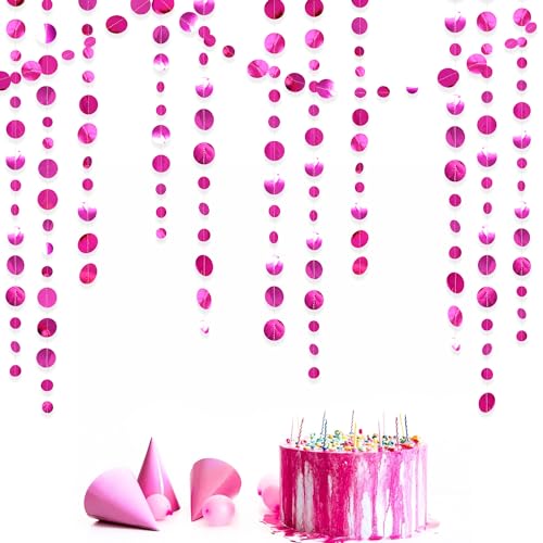 Hot Pink Party Decorations Circle Dots Garland Metallic Rose Pink Hanging Paper Polka Dots Streamer for Bachelorette Birthday Engagement Wedding Bridal Shower Anniversary Party Supplies