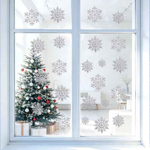 Glitter Christmas Silver Plastic Snowflake Ornaments for Winter Holiday (60 Count)