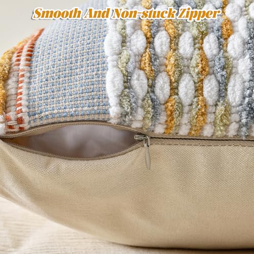 Set of 2 Chenille Striped Textured Boho Throw Pillow Covers Aesthetic with Tassels Woven Decorative Pillow Case for Couch Bed Sofa Bedroom Modern Funky 18 x 18 (2 Count)