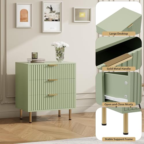 Fluted Green 3 Drawer Dresser for Bedroom with Deep Drawers