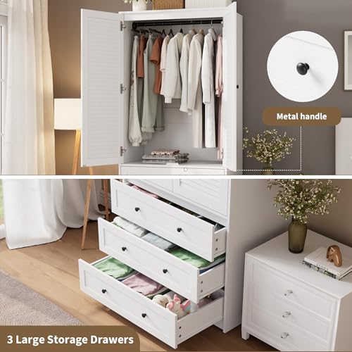 70" Wardrobe Armoire Wooden Closet with 3 Drawers