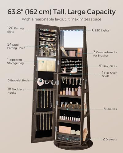 6 LEDs Mirror Jewelry Cabinet Organizer
