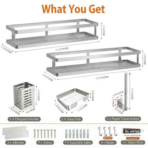 5-in-1 16.5" Extra Long Kitchen Organizer & Shower Caddy Set, Wall Mount Spice Rack with Paper Towel Holder, Utensil Holder & Soap Dish, Rustproof Mesh - Silver Gray, Guardrail