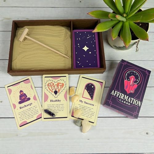 Wooden Zen Garden with Daily Affirmation Cards for Women and Men
