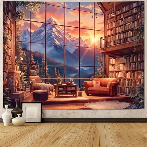 Forest Mountain Library Tapestry Fantasy Bookshelf Tapestries Wall Hanging Watercolor Nature Fairy Sunset Library Backdrop Large Tapestry for Bedroom Living Room Dorm Classroom 80 x 60 inch