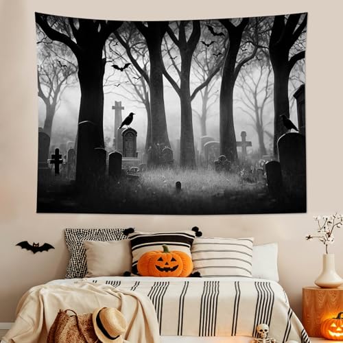 Spooky Halloween Cemetery Tapestry Scary Tombstone with Dead Trees Forest Tapestry Wall Hanging Horror Ghost Party Background Tapestry for Bedroom Living Room Dorm 59Wx51L Inches
