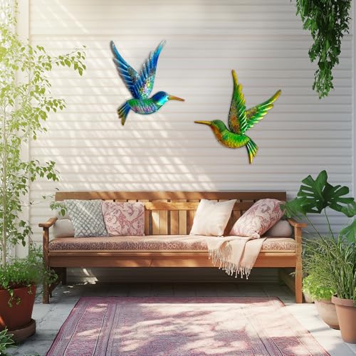 Metal Hummingbird Wall Art 12inch Metal Birds Wall Sculpture Garden Decoration Outdoor Statue Patio Fence Hanging Plaques 2 Pack（Blue (2 Count)