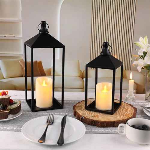 2 Pcs Black Decorative Metal Lanterns Farmhouse Lantern Decor with Candles (2 Count)
