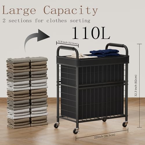 110L Rolling laundry Sorter Hamper Basket 2 Section with Wheels