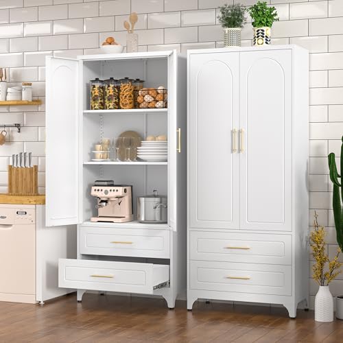 75" Tall White Metal Pantry Storage Cabinet with 2 Drawers