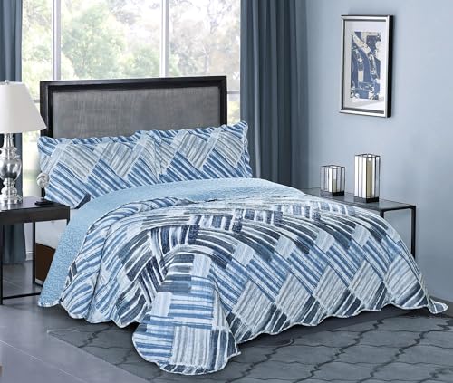 Blue Grey Stripes & Blocks Patchwork Quilt Set