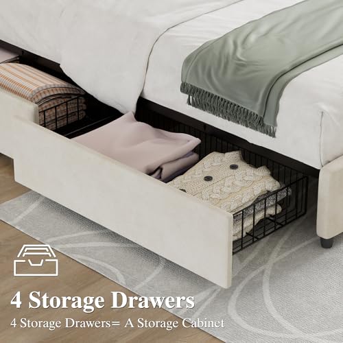 Full Size Bed Frame with 4 Storage Drawers