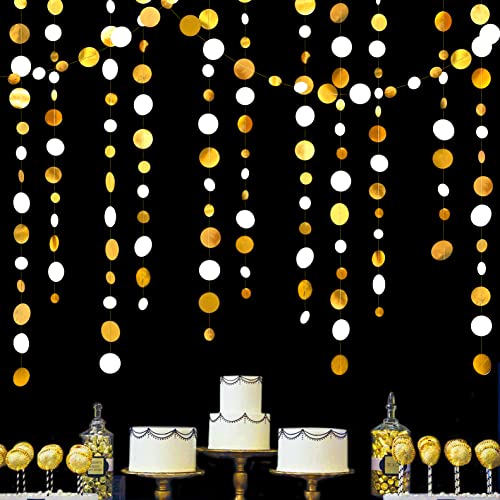 46 Feet White and Gold Circle Dots Garland Hanging Paper Polka Dots Streamer for Birthday Bachelorette Engagement Anniversary Wedding Bridal Shower Christmas Holiday Party Decorations Supplies