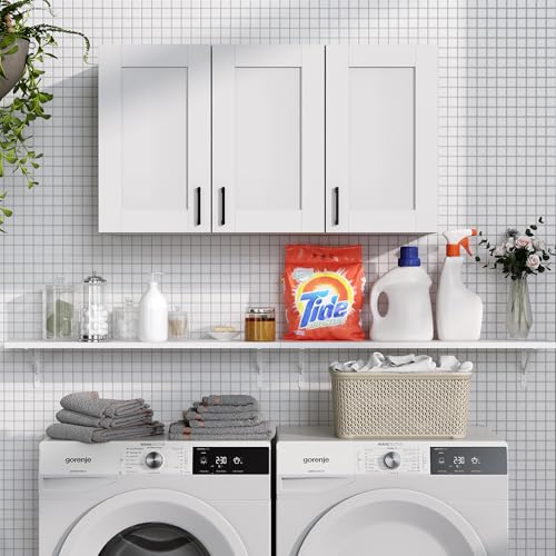 White Laundry Room Cabinets and Storage with 3 Doors and Utility Adjustable Shelf