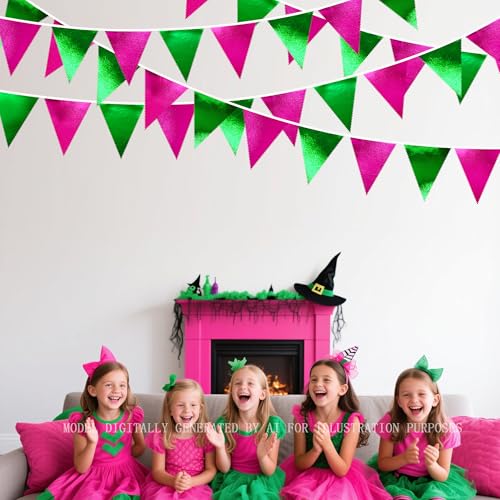 Pink and Green Party Decorations Metallic Hot Pink Light Green Fabric Triangle Pennant Banner Flag Bunting Garland for Witches Theme Birthday Wedding Baby Shower Engagement Bachelorette Party Supplies (36 Count)