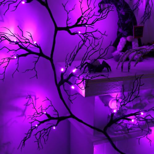 9 Ft 66 LED Willow Vine Twig Decor Black Halloween Garland with Purple Lights