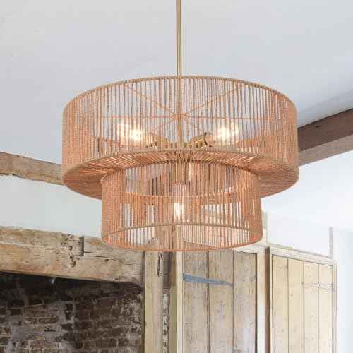 6 Light Boho Rattan Chandelier Light Fixture