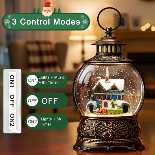 Christmas Village Snow Globe Water Lantern with Train Station Scene Battery Operated or USB Powered Musical Lighted Holiday Decoration for Tabletop Display for Family and Friends