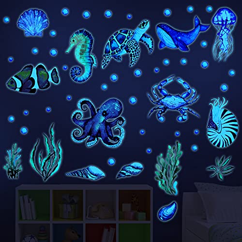 52 Pcs Ocean Fish Wall Decals Glow in The Dark Under The Sea Wall Decals Sea Life Animals Stickers Removable Waterproof Peel and Stick Decal for Girl Boy Kids Bedroom Nursery Bathroom (4 Count)
