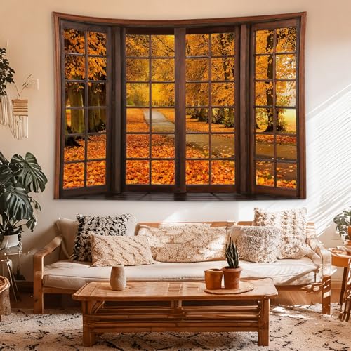 Fall Forest Window Tapestry Autumn Maple Tree with Orange Leaves Tapestry Wall Hanging Rustic Vintage Wall Decor for Bedroom Living Room Dorm Office 60x40 Inches