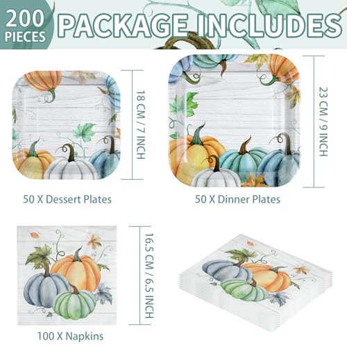 200Pcs Fall Plates and Napkins Square Blue Pumpkins Plate Thanksgiving Paper Plates Pumpkin Wood Grain Dinnerware for Baby Shower Fall Harvest Family Thanksgiving Party Decorations (200 Count)
