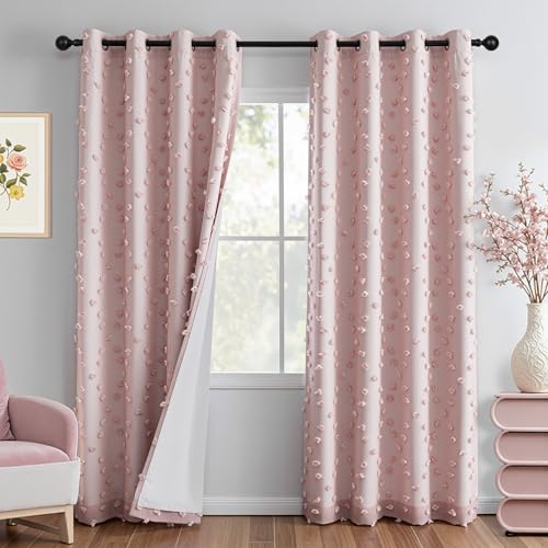 100% Blackout Curtains for Nursery Thermal Insulated Blush Pink Pom Pom Curtain 72 Inch Length for Girls Bedroom 2 Panels Grommet White Sheer Drapes for Kitchen Dining Room Door (2 Count)