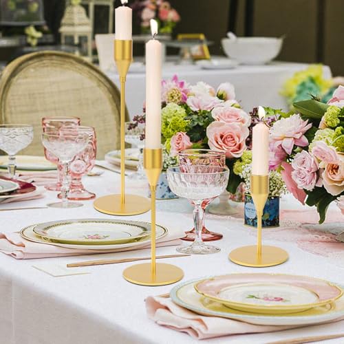 Matte Gold Candle Holders Bulk Painted Gold Metal Candlesticks Fit 0.8 Inch Taper Candles Decorative Metal Candelabra for Wedding Home Holiday Anniversary Party Dinning Table Decors (15 Count)