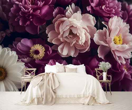 Dark Peony Floral Peel and Stick Wallpaper Purple Flowers Mural