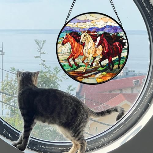 Running Horses Stained Glass Window Hanging Suncatcher Gift for Women 9.8"