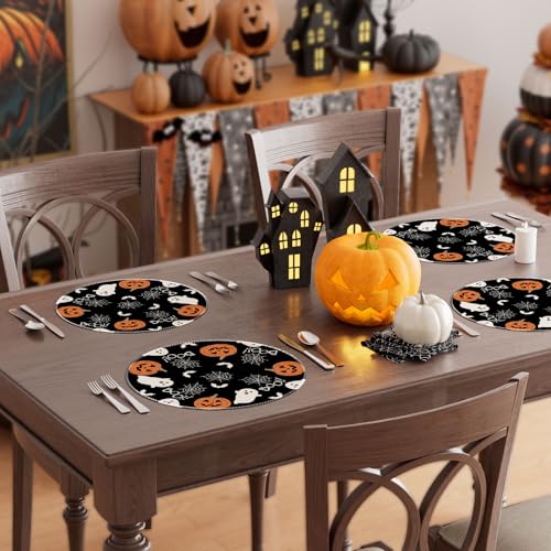 Halloween Ghost Pumpkin Round Placemats Set of 4 Table Decor 14x14Inch (4 Count)