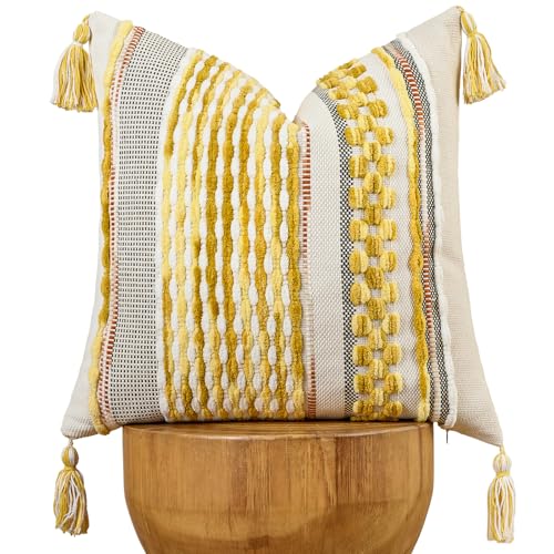 Chenille Striped Textured Boho Throw Pillow Covers Aesthetic with Tassels Woven Decorative Pillow Case for Couch Bed Sofa Bedroom Modern Funky 18 x 18