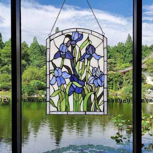 Iris Stained Glass Window Hanging 16" H x 11" W Tiffany Style Blue Rectangular Window Panel Suitable for Living Room Bedroom Kitchen Window Decoration Hangings with Chain