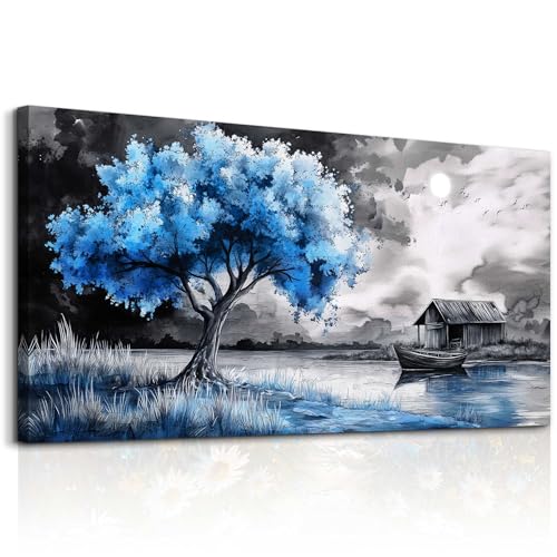 Large Wall Art For Living Room Wall Decor For Bedroom Black White Scenery And Blue Trees Wall Painting Modern Home Decoration Room Office Restaurant Canvas Art Prints Home Decor 20x40 In