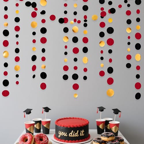 Gold Black Red Party Decorations Circle Dots Streamer Hanging Paper Polka Dots Garland for Graduation Birthday Wedding Anniversary Holiday Pirate Poker Casino Las Vegas Party Supplies