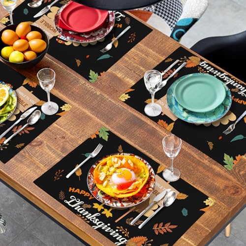 Happy Thanksgiving Placemats Set of 4 Gobble Turkey Leaves Thanksgiving Linen Table Mat 12x18 Inch Seasonal Fall Washable Heat Resistant Non (4 Count)