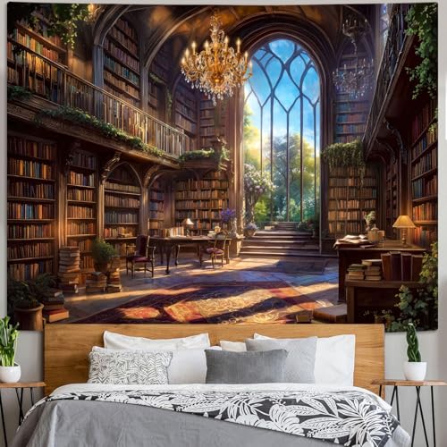 Vintage Library Tapestry Medieval Bookshelf Tapestries Wall Hanging Fantasy Academia Hall Book Backdrop Extra Large Tapestry for Bedroom Living Room Dorm Classroom 90 x 68 inch