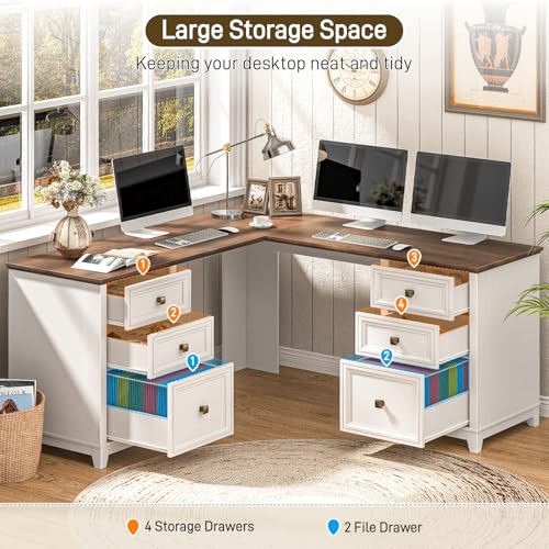 Farmhouse L Shaped Executive Desk with 6 Drawers