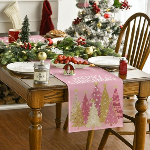 Pink Xmas Trees Table Runner Home Party Decor 13x36 Inch