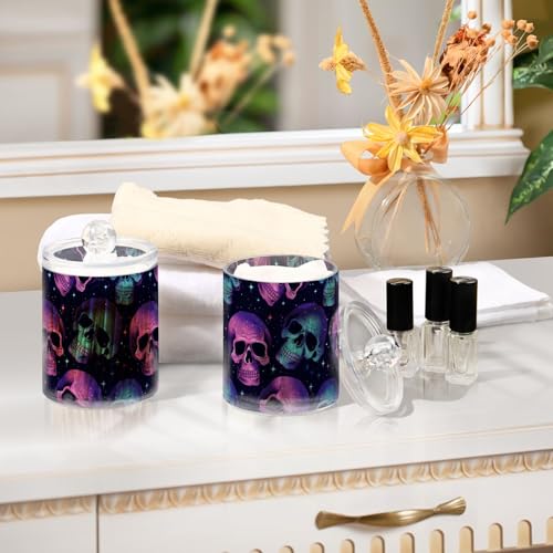 2 Pack Qtip Holder Organizer Dispenser Neon Skulls Bathroom Storage Canister Cotton Ball Holder Container for Cotton Pads (2 Count)