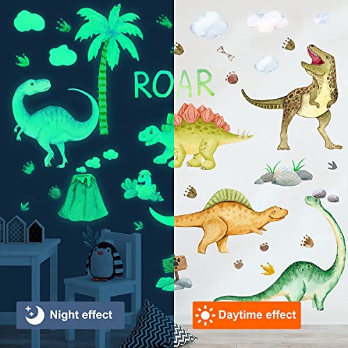 Dinosaur Wall Decals Glow in The Dark Dinosaur Wall Stickers Watercolor Dinosaur Decal Large Removable Vinyl Dino Wall Decals for Boys Bedroom Kids Girls Nursery Playroom Living Room Wall Decor Green (4 Count)