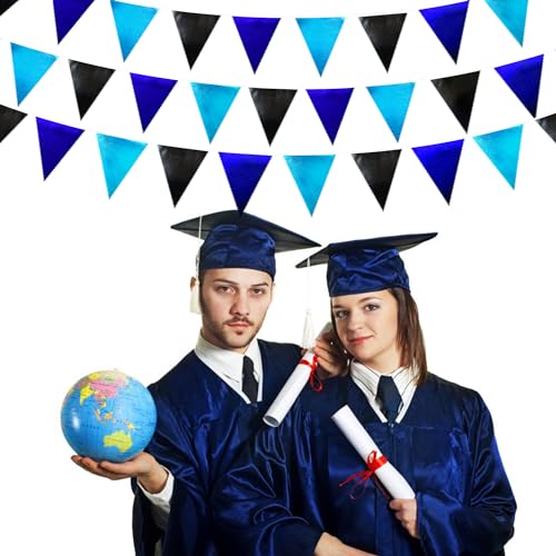 Black Blue Party Decorations Metallic Fabric Triangle Pennant Banner Flag Bunting Garland for Video Game Nautical Birthday Graduations Retirement Wedding Bachelorette Outdoor Holiday Party Supplies (32 Foot)