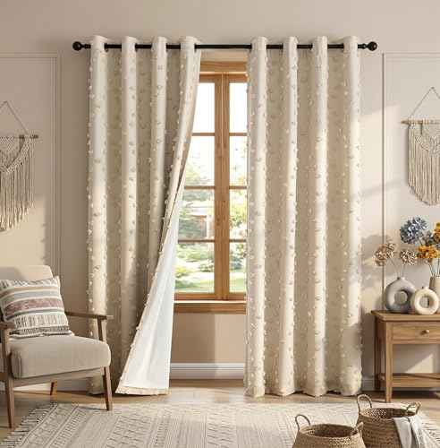 100% Blackout Curtains for Nursery Thermal Insulated Beige Pom Pom Curtain 72 Inch Length for Girls Bedroom 2 Panels Grommet White Sheer Drapes for Kitchen Dining Room Door (2 Count)