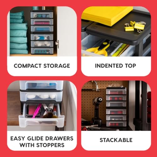 4-Pack, 3-Drawer Small Plastic Stacking Desktop Organizer, Black (4 Count)