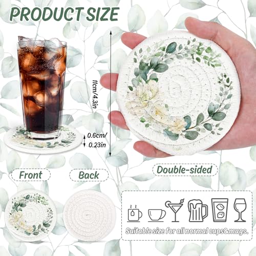 Eucalyptus Floral Cotton Coasters Flower Leaves Handmade Braided Drink Coasters Green Absorbent Cup Mat for Spring Wedding Baby Shower Party Home Office Table Decor (4 Count)