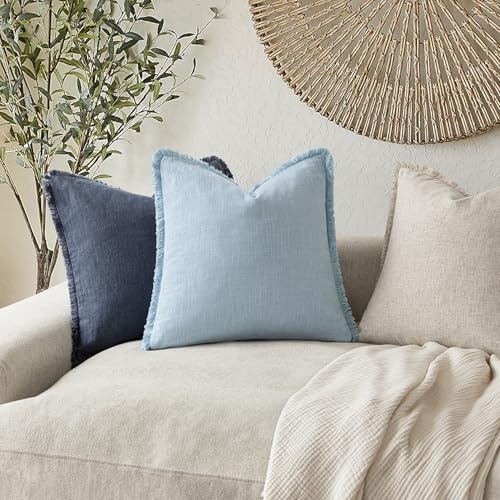 Boho Linen Fringe Lumbar Throw Pillow Covers 12×20 Light Blue (2 Count)
