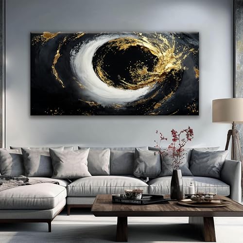 Large Abstract Wall Art For Living Room Black And Gold Wall Art Modern Canvas Art Wall Decor 29" X 58" Painting Abstract Art For Bedroom Hotel Office Apartment Home Decoration