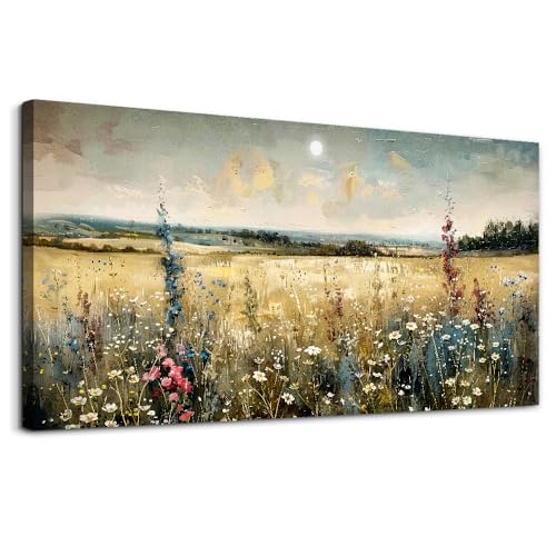 Large Vintage Natural Field Landscape Painting Home Decor Farmhouse Vintage Meadow Wildflowers Modern Printed Artwork Living Room Decor Bedroom Office Can Be Hung Directly 30 X 60 Inches