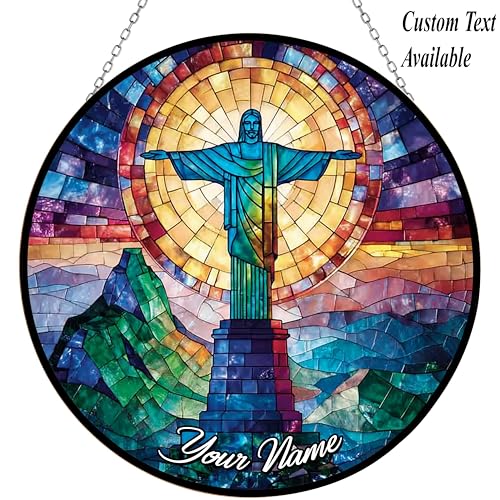 Christ The Redeemer Stained Glass Window Hanging Customized Suncatcher 12" Glass Panel with Metal Chain Sun Catchers Wall Art Home Decor Gift for Women Mother's Day