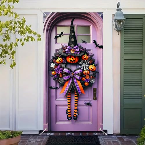 Halloween Door Cover Purple Pumpkin Bow 71 x 35 Inch